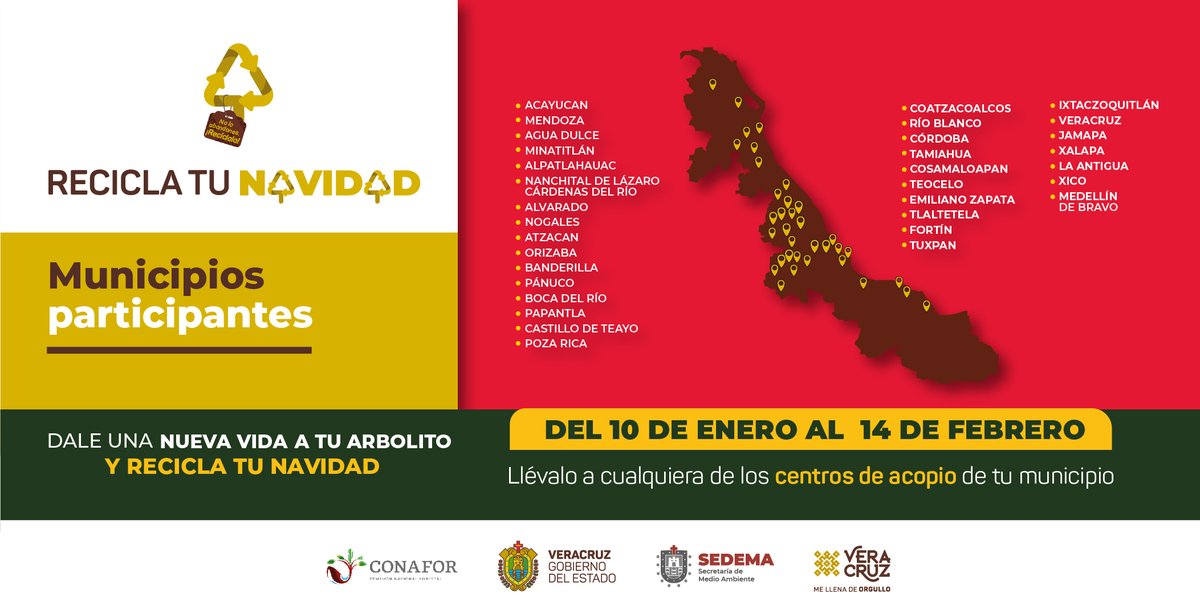 SEDEMAVeracruz's tweet image. ¡Estos son los municipios que recibirán arbolitos de Navidad para darles una segunda vida! 🎄✨

Lleva tu pino al ayuntamiento de tu municipio y #ReciclaTuNavidad 🙌
📅 Del 10 de enero al 14 de febrero