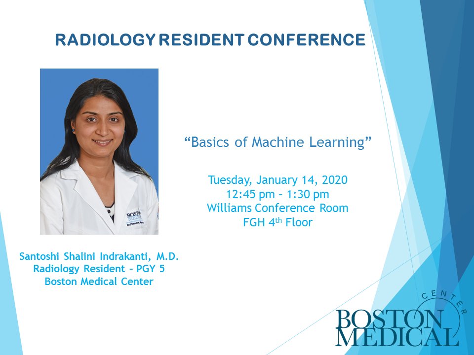 BURadiology's tweet photo. This week's radiology resident conference will be given by Dr. Shalini Indrakanti, a fourth year resident, on the topic of "Machine Learning." Come listen in this Tuesday!
#radres #radiology #residentconference
@The_BMC @BUMedicine https://t.co/i5gMz4bwxt