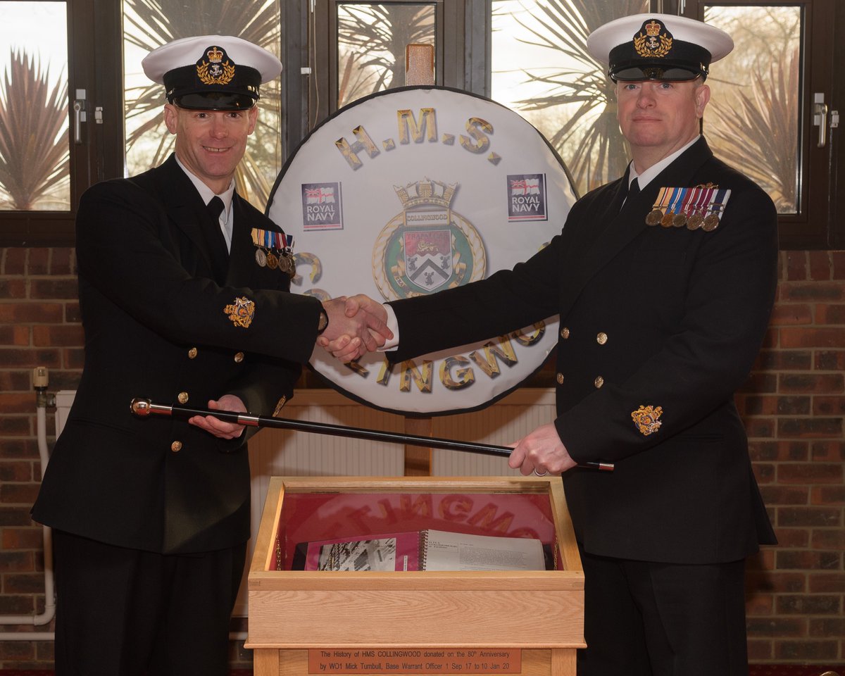 #HandoverComplete, WO1 Martin Watson has relieved WO1 Mick Turnbull as Base Warrant Officer @HMS_Collingwood. BZ Mick and thank you for your sterling efforts! Collingwoods loss is the Fleet’s gain; #CommandWO1 @RoyalNavy #CareerInspiration #WelcomeAboardSoapy!