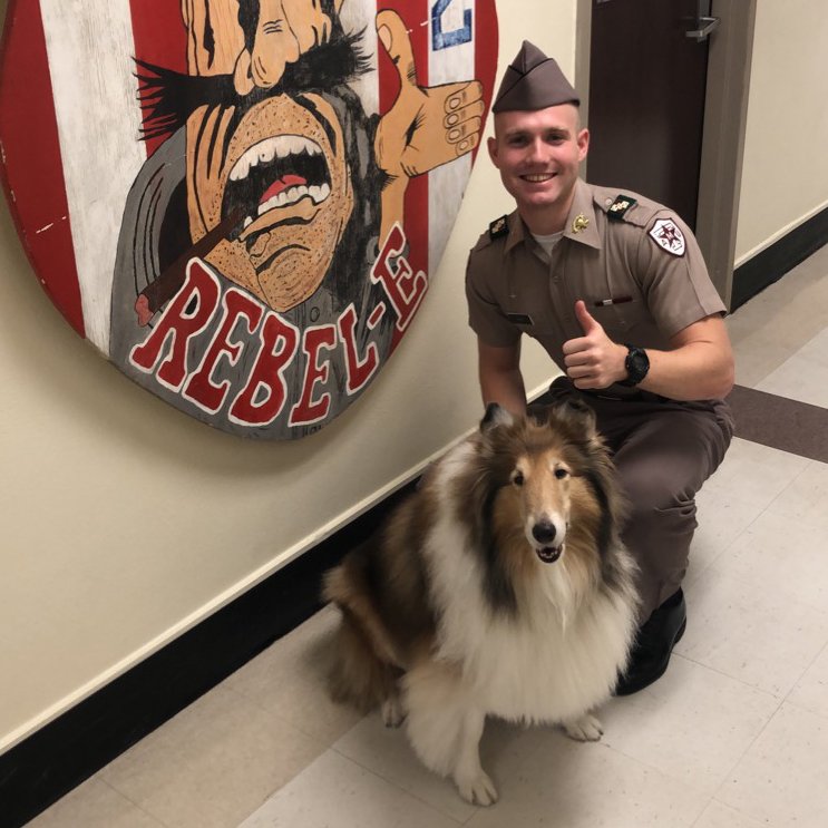reveille's tweet photo. Happy first day of school from me and my Colton! 👍🐾✏️ https://t.co/GqltPc09ku