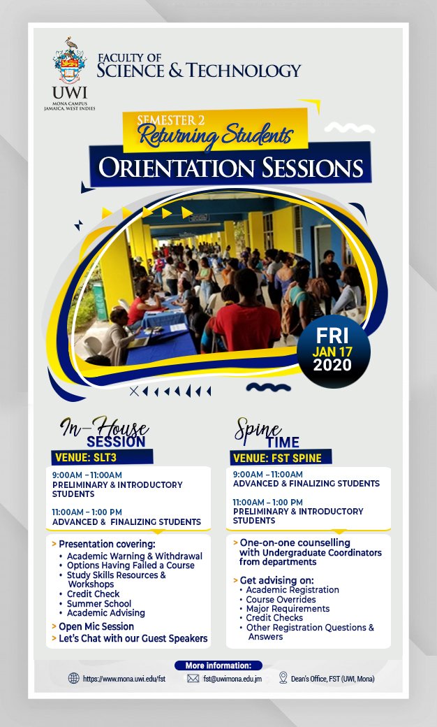 fst_uwimona's tweet photo. The Faculty of Science and Technology Welcomes all Returning Students to our Orientation Sessions π«
#FSTPRIDE ππππ
#DestinedForGreatness π
#FST2020 https://t.co/SSKAHukSHr