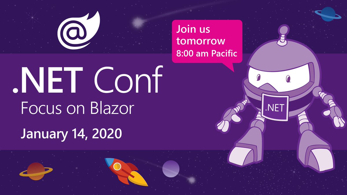 Take a deep dive into #Blazor during the #dotNETConf happening January 14 at 8:00 AM PT: http://msft.it/6019TkDO1
