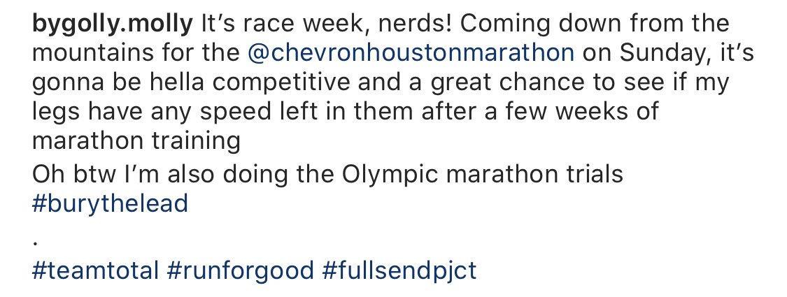 Molly Seidel (@ByGollyMolly12) will run this weekend in the Houston Half and then will make her marathon debut at the 2020 U.S. Olympic Marathon Trials (Feb. 29 in Atlanta)