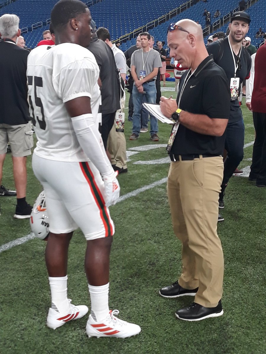 Here’s <a href="/CanesFootball/">Miami Hurricanes Football</a> LB Shaquille Quarteman talking to a
 scout. <a href="/ShrineBowl/">East-West Shrine Bowl</a> #BigORadioShow