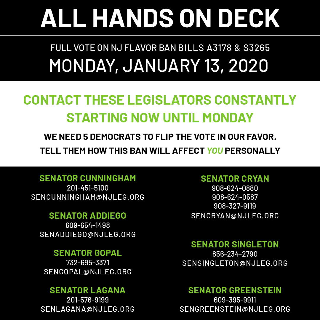 GoodGuyVapes's tweet photo. THE FIGHT ISN'T OVER. WE NEED ALL HANDS ON DECK. There will be a Full Vote on NJ Flavor Ban Bill TODAY, January 13th, 2020. Continue to contact these legislators and tell them how this ban will affect YOU personally.
__________
#goodguyvapes #wevapewevote https://t.co/g3jrEW2oxS