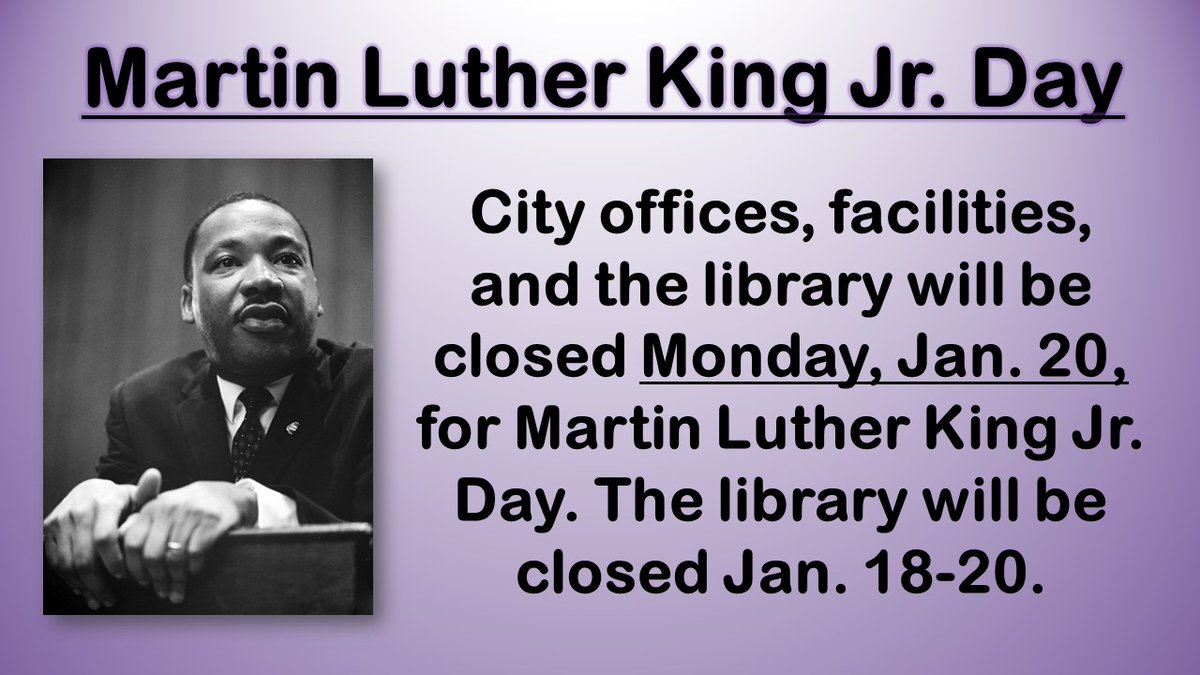 TheColonyTexas's tweet photo. Looking ahead to next week, city offices, facilities, and the library will be closed Monday, Jan. 20, for #MLKDay. https://t.co/IpTWddFlAR