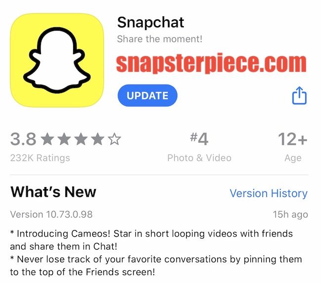 snapsterpiece88's tweet photo. Snapchat App Update - iOS 10.73.0.98 January 12 2020 https://t.co/tf2FWKgpR7 #snapchatupdate #snapchat #snapchatcameos https://t.co/DLNmvyCL5F