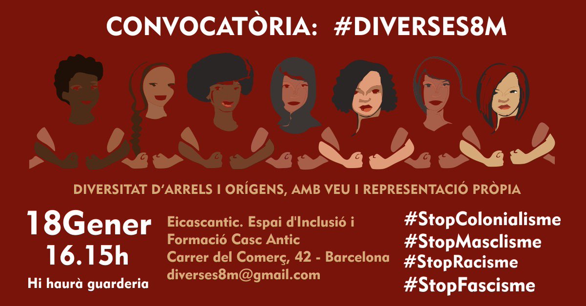 migrantas8's tweet photo. Segona #TrobadaOberta d coordinació d #Diverses8M camí al 8 de març. A totes les companyes q vulguin participar us esperem:
🗓 18 d gener a les 16.15 hores.
🏠 Eicascantic. Carrer del Comerç 42- Barcelona
Juntes amb veu i representació pròpia! https://t.co/jaUZGm9tnE