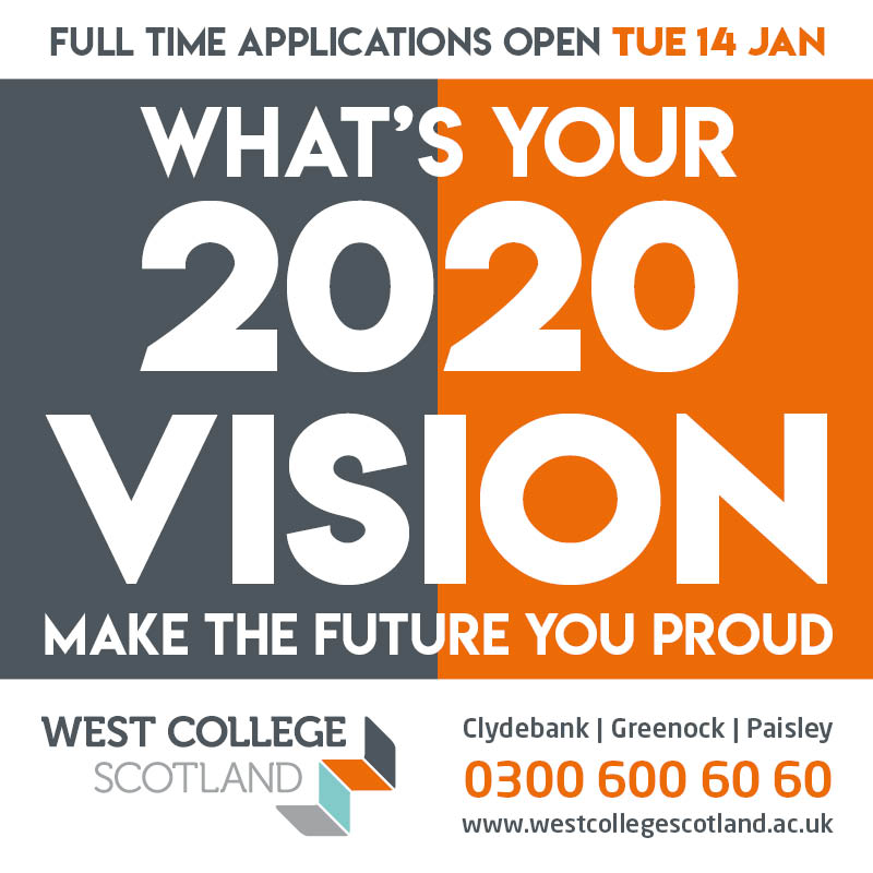 Applications open tomorrow - Tuesday 14 January! Make West College Scotland part of your 2020 vision. Visit westcollegescotland.ac.uk for more info #makeyourselfproud #your2020vision