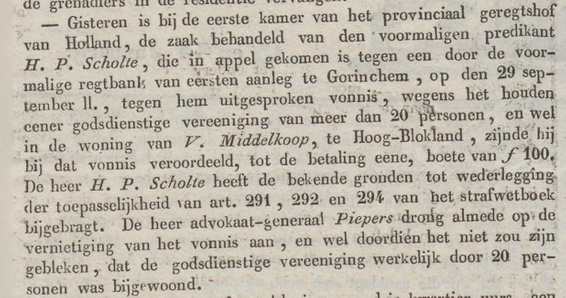 Oudalblasserw's tweet photo. Krant 13 jan. 1839: In hoger beroep vernietiging van 't vonnis tegen ds. H.P. Scholte (100 gulden boete omdat hij een godsdienstoefening hield met meer dan 20 personen ten huize van Middelkoop in #Hoogblokland) ivm onvoldoende bewijs dat er meer dan 20 personen waren #Afscheiding https://t.co/1O6duk5msJ