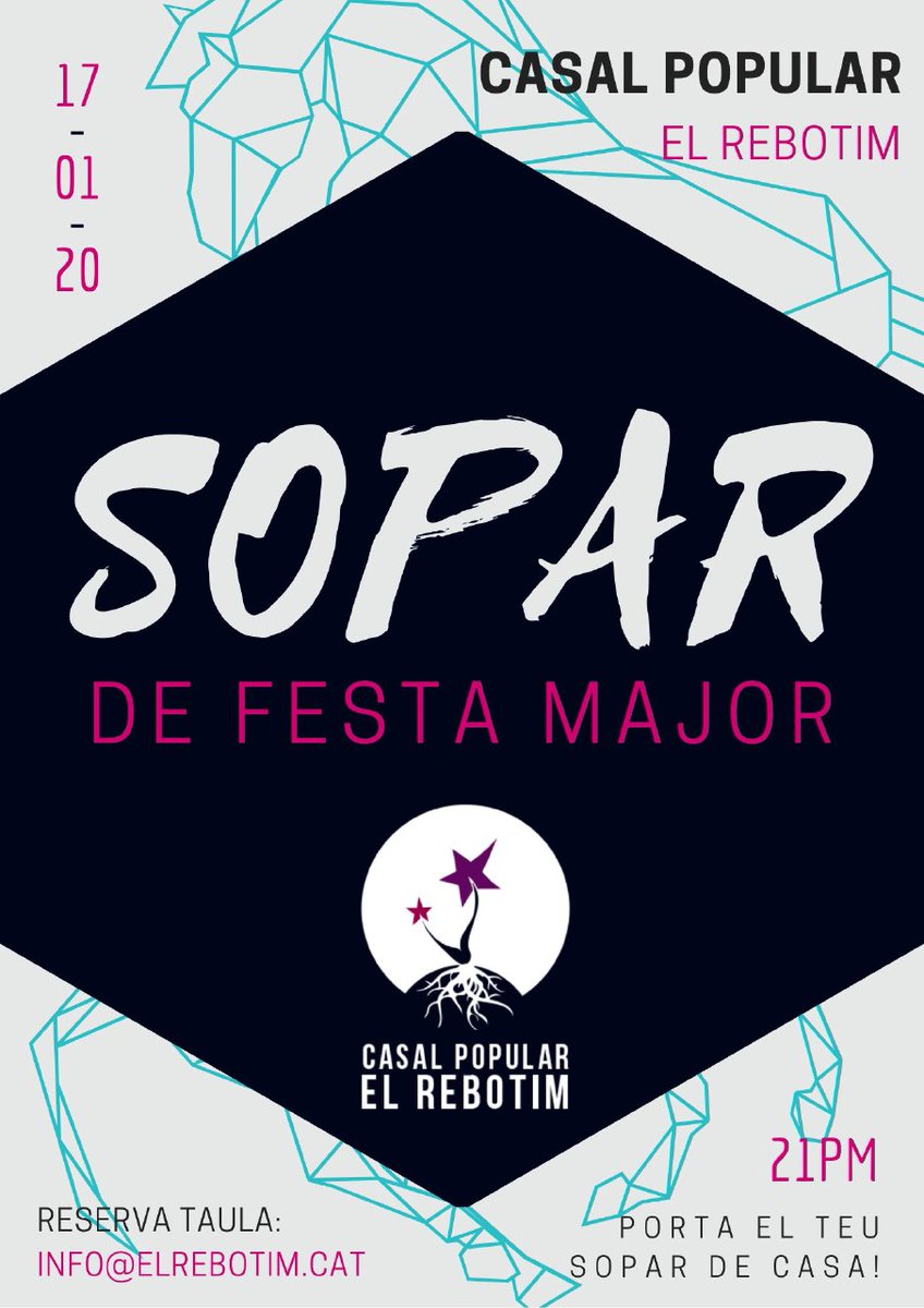 elrebotim's tweet photo. Sopar de Festa Major al Rebotim!!! 🍻🍴🍷   Cadascú porta del seu sopar i es pot compartir amb els altres‼  Obert a socis i no-socis! Comencem bé l'any ✌🎉🎉⌚     21 hores!!! https://t.co/aziOxdivPQ