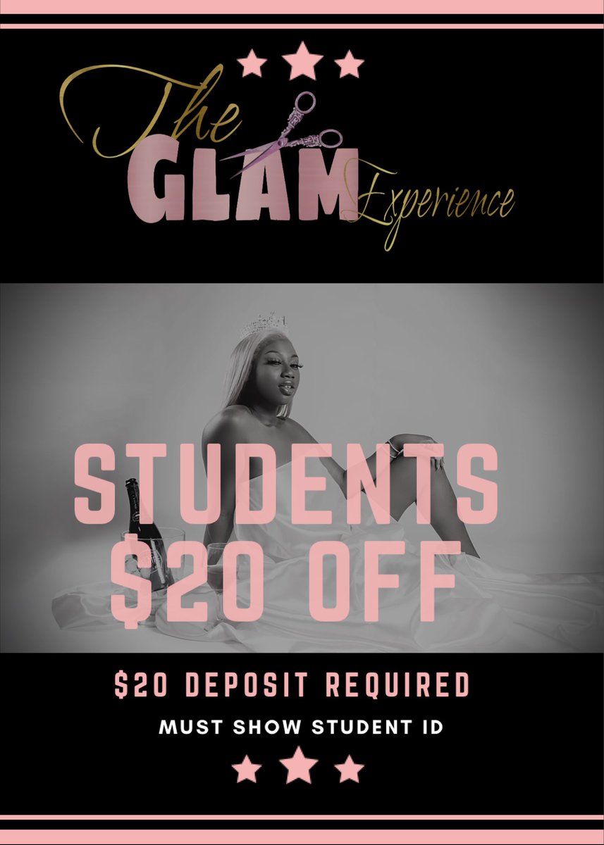 ALL STUDENTS GET $20 OFF ANY STYLE📚💗
•
•
• 

MUST SHOW STUDENT ID 

$20 DEPOSIT REQUIRED 
___________________________________

#theglamexperience #theglamway #geauxglam #hairstylists #gramfam🐯 #rustonhairstylist #louisianahairstylist #gramblingstateuniversity
