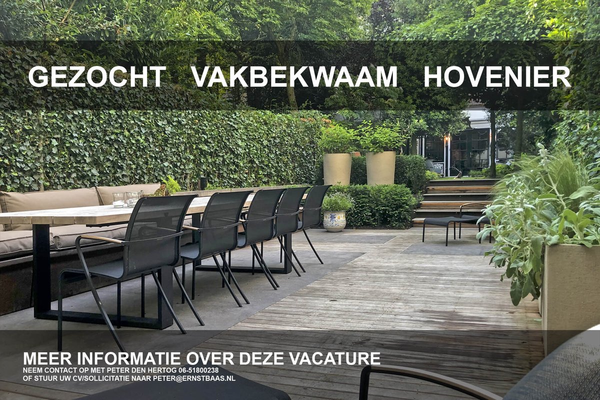 Kom jij ons team versterken?!? 
Wij zijn opzoek naar ervaren vakbekwaam hovenier voor aanleg en/of onderhoud! 
Neem contact met ons op, meer info:
ernstbaas.nl/het-bureau/vac…

#ErvarenHovenier #Tuinaanleg #Tuinonderhoud #Tuinmakers #Vacatures #Tuinmakers