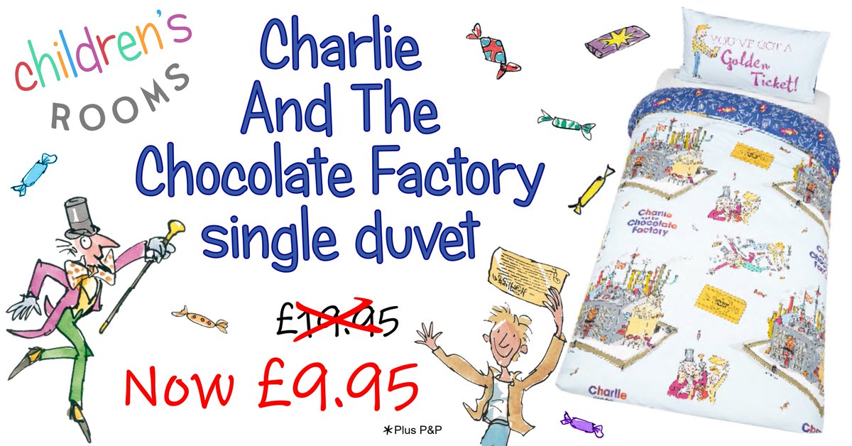 Officially licensed #charlieandthechocolatefactory single duvet and pillowcase set > bit.ly/2kBAsxz NOW JUST £9.95
#willywonka #goldenticket #booklover #kidsbooks #kidsfiction #bestlovedbooks #childrensclassicbooks #kidsbedding #childrensbedding