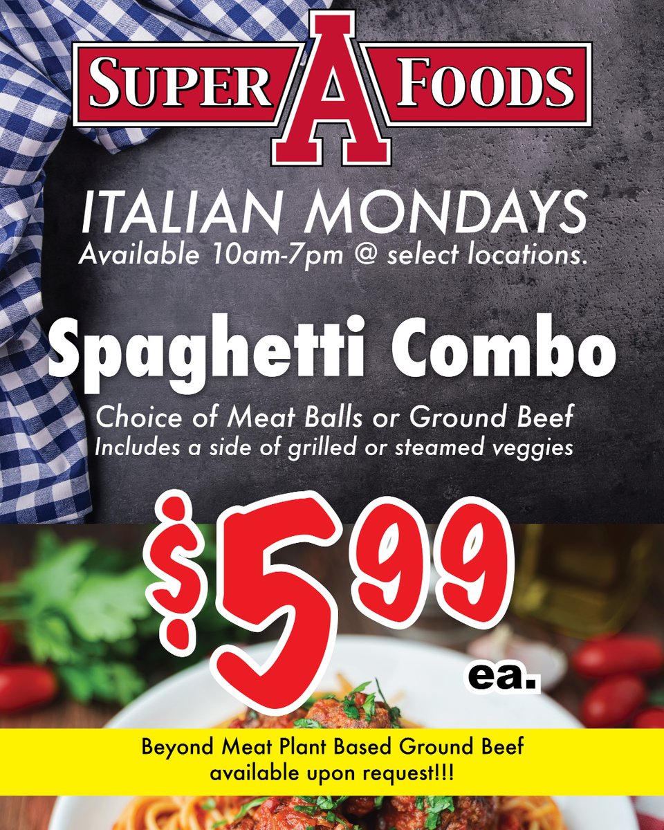 SuperAFoods's tweet photo. IT'S MONDAY! Come by and enjoy our delicious Spaghetti Combo deal for only $5.99! 😋 ** Beyond Meat Plant-Based Ground Beef available upon request!!! **   
-
#dinner #food #foodie #groceryshopping #supermarket #monday #spaghetti #superafoods #commercecalifornia #italianfood https://t.co/zu32IAdOZ5