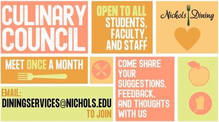 <a href="/NC_Dining/">Nichols Dining</a> Have thoughts, ideas, suggestions, passion for food, want to be involved? Consider the Culinary Council @NC_BisonBeat <a href="/NicholsSGA/">Nichols College SGA</a> <a href="/Nichols_College/">Nichols College</a>