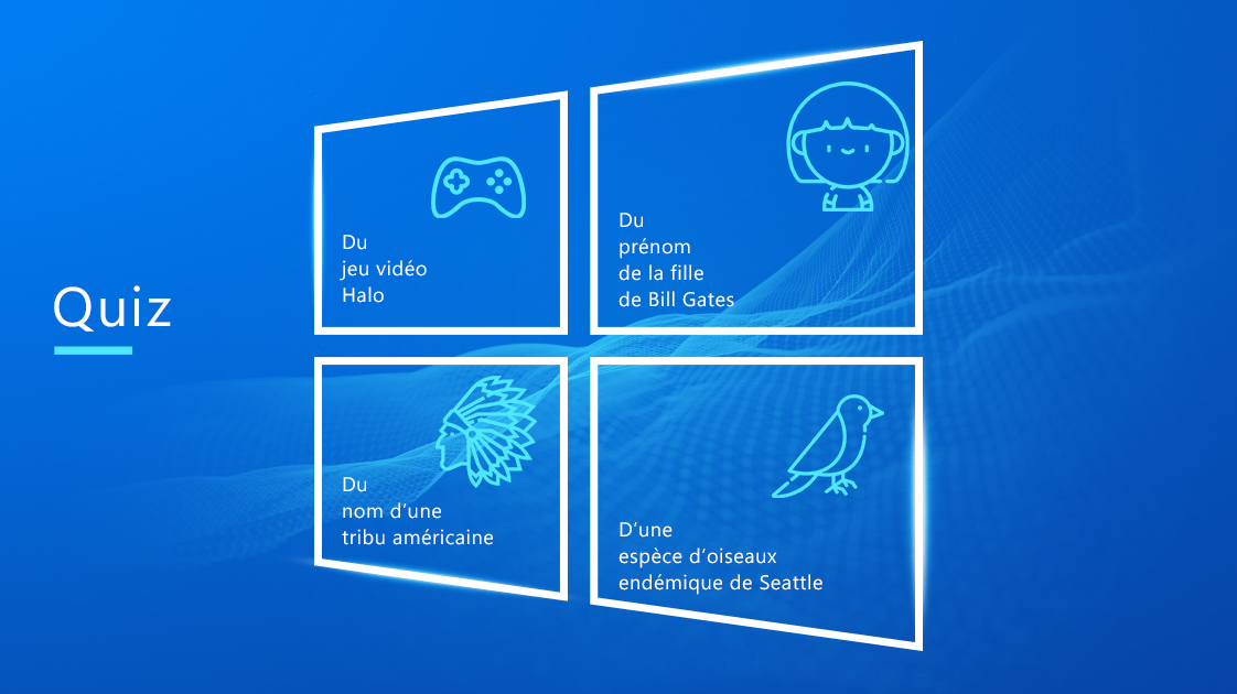 Réponse à la question :
1 Du jeu vidéo Halo
2 Du prénom de la fille de Bill Gates
3 Du nom d'une tribu américaine
4 D'une espèce d'oiseaux endémique de Seattle