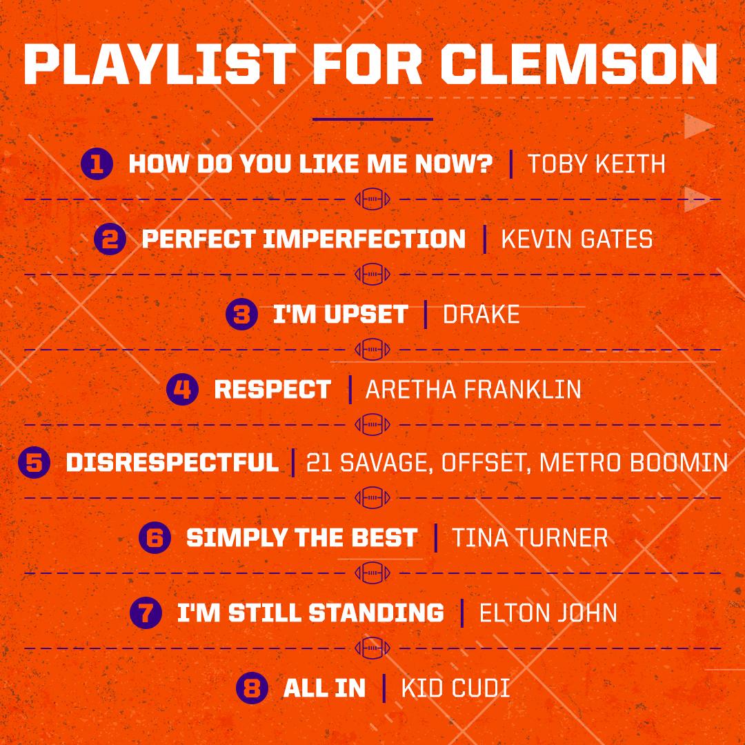 ESPNCFB's tweet photo. Just in case you need a #NationalChampionship playlist to get you hyped 🔥 https://t.co/86OrsKOVw6