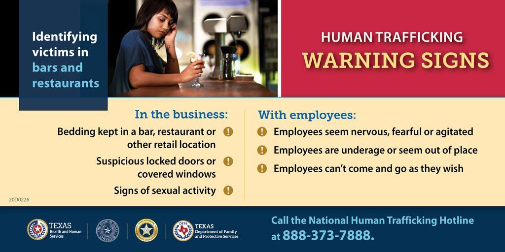 Illegal activity can hide in businesses TABC regulates like bars and restaurants. You can help. Suspect #humantrafficking? Report it: buff.ly/35OaSH0 <a href="/TexasGovernor/">Texas Governor</a> <a href="/TXAG/">Texas Attorney General</a> <a href="/TexasHHSC/">Texas HHSC</a> <a href="/TexasDFPS/">Texas DFPS</a> #HumanTraffickingAwarenessMonth #TexasAgainstTrafficking #txlege
