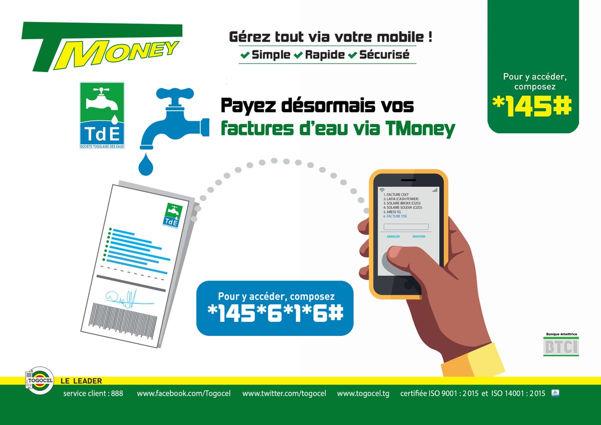 YasTogo's tweet photo. Bon et radieux début de semaine avec beaucoup de Punch et de grâce !
TMoney vous facilite davantage la vie avec le payement de votre facture d’eau Tde
Composez *145*6*1*6# pour payer vos factures d’eau Tde
Avec #TMoney, c’est simple, rapide et sécurisé !
#Togocel #LeLeader https://t.co/Z965zY1dTk