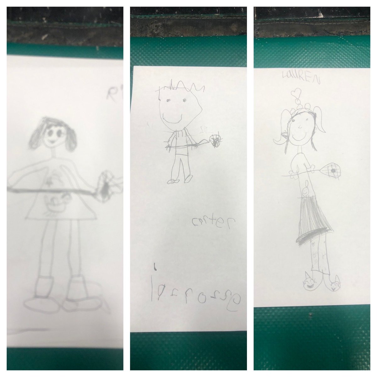 Having a blast at St. Bernard’s Separate School in Orillia. The SK and grade 1’s were asked to draw themselves playing after they were done. ⁦<a href="/OntarioLacrosse/">Ontario Lacrosse</a>⁩ @orilliakings #FirstCatch