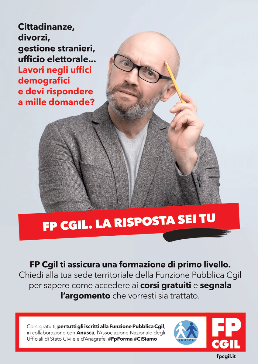 FpCgilNazionale's tweet photo. Cittadinanze, divorzi, gestione stranieri, ufficio elettorale... Lavori negli uffici demografici e non sai come venirne fuori? 
Con @anusca_it ti assicuriamo una formazione di primo livello.
Rivolgiti alla tua sede territoriale della Funzione Pubblica Cgil.

#FpForma
#CiSiamo https://t.co/Y4nXGvmrjG