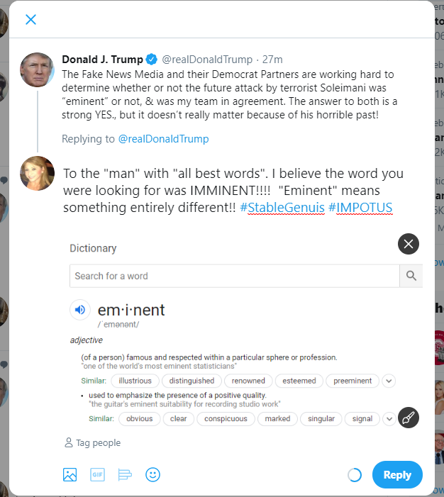 SusieBeth72's tweet image. I was trying to reply to his Tweet, but someone caught the typo of the "Stable Genuis" and he deleted it...just as I was ready to post.  Good thing I got a screenshot of the original post and my reply, @realDonaldTrump #IMPOTUS #StableGenuis