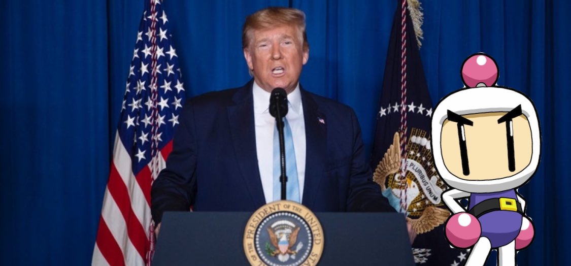 President Trump ( @POTUS) addresses the media in the White House to unveil his new Secretary of Defense/Attack: Bomberman