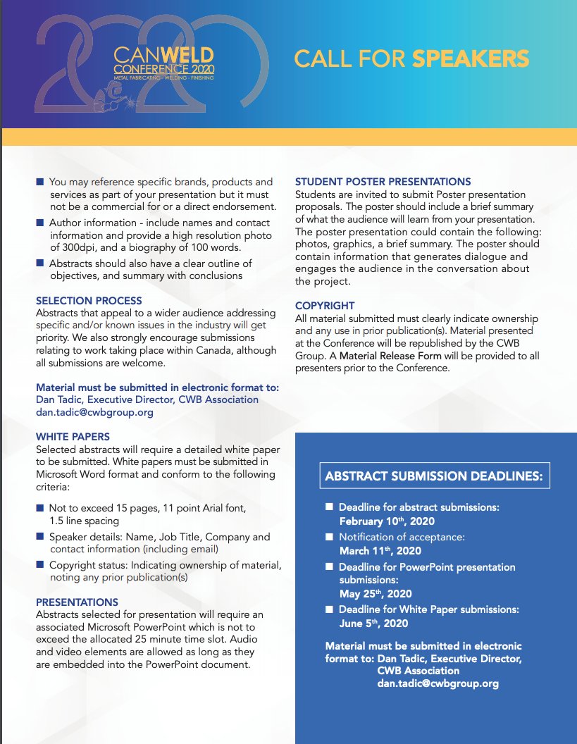 CanWeldCon's tweet photo. #CanWeldConference2020 Call for Papers abstract submission date is February 10, 2020. Visit our website to learn more: https://t.co/5Dei7GDwvD https://t.co/ZU1VFMQLjU
