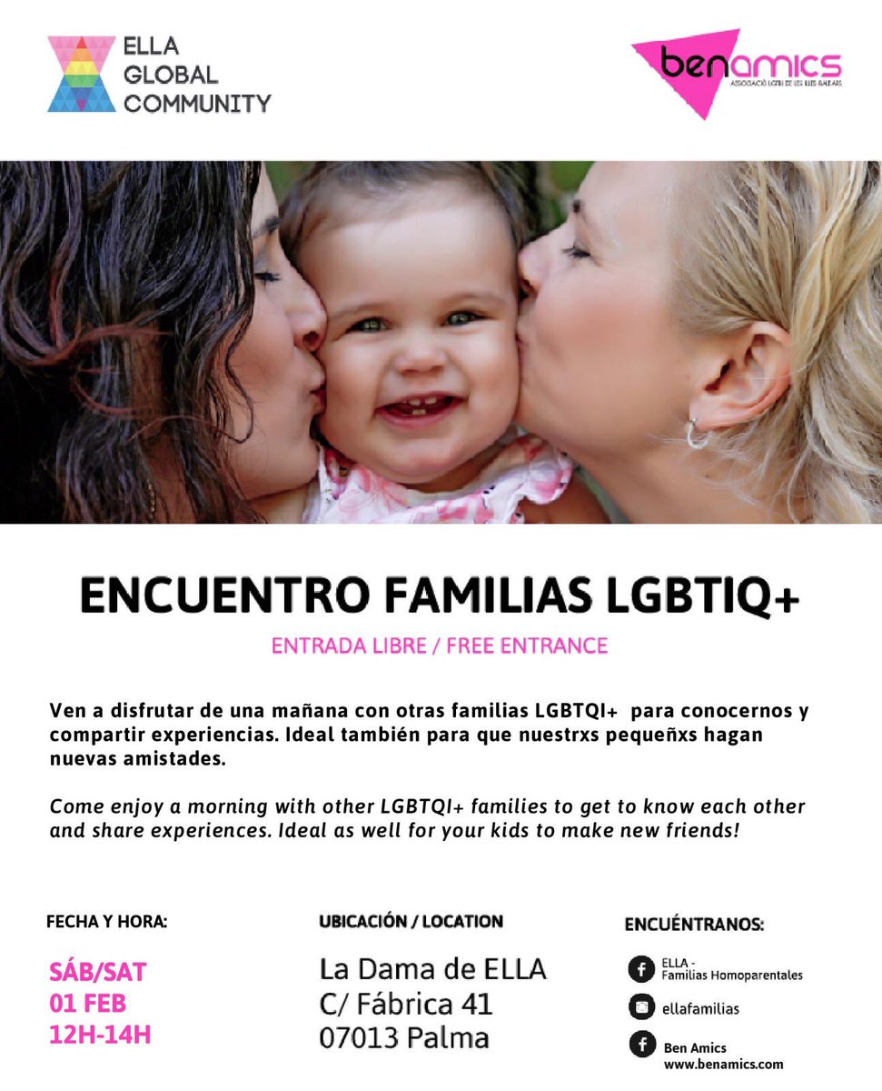 benamics's tweet photo. 🌈Vos hi esperam!!🌈 Vine per conèixer i compartir experiències amb altres families LGTBQI+
Dissabte 01.02, de 12 a 14h
Al bar la Dama de ELLA
#familiasdiversas #familiasmallorca #ellafestival #mallorcalgbt #benamics #amoresamor https://t.co/AicitukVAr