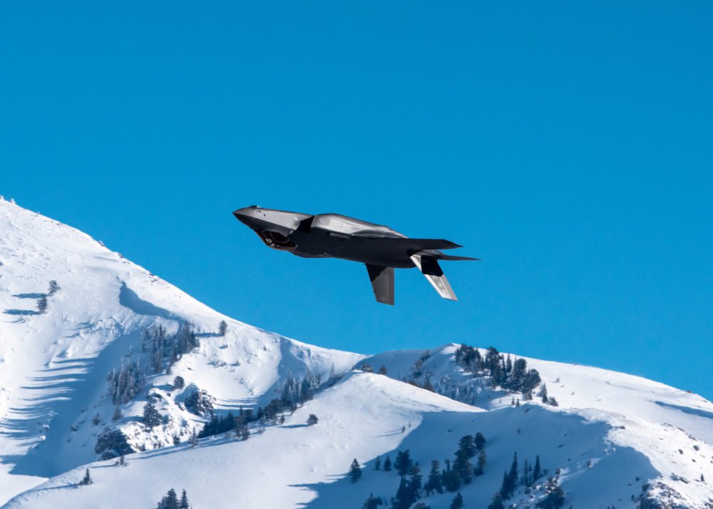 An #F35ALightning II with the @F35demoteam flies over @HAFB during a training flight January 7, 2020. The #F35DemoTeam is now located as part of the @388fw under Air Combat Command for the 2020 air show season. 
📸 by Staff Sgt. Jarrod M. Vickers | #USAF #AimHigh #AirPower