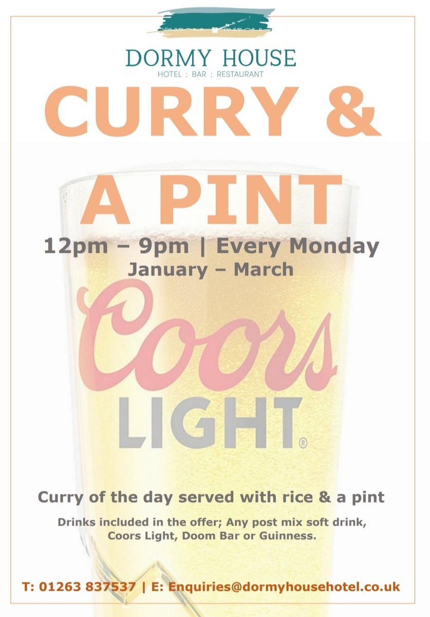 Every Monday between 6pm and 9pm
It's the perfect way to warm up on these chilly nights. 
#curry #monday #MondayMotivation #norfolk #westrunton #coors #pint #winteroffer