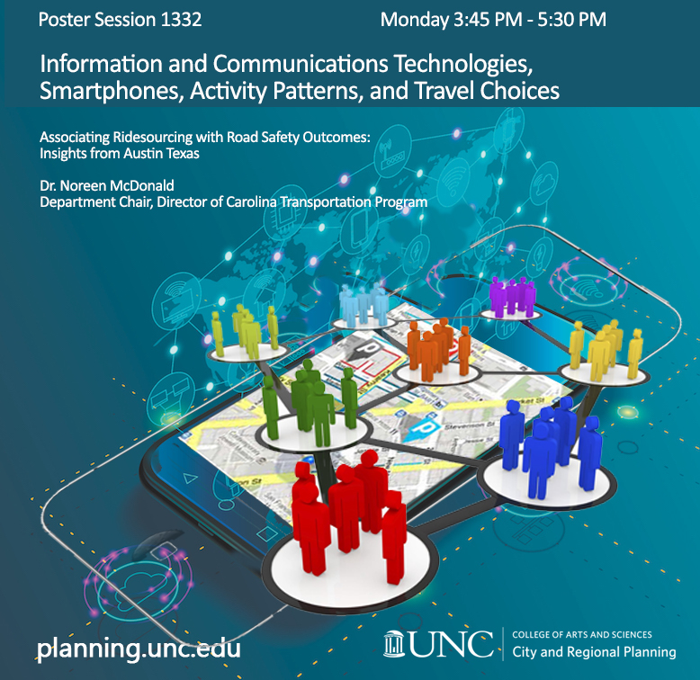 DCRPcarolina's tweet photo. (Monday, 3:45 - 5:30 PM) at #TRBAM: Poster Session 1332 Information &amp; Communications Technologies, #Smartphones, #ActivityPatterns, and #TravelChoices Associating #Ridesourcing with Road Safety Outcomes: Insights from #Austin Texas. @DCRPcarolina's Noreen McDonald #TRBAMUNC https://t.co/k1xAJGuzPb