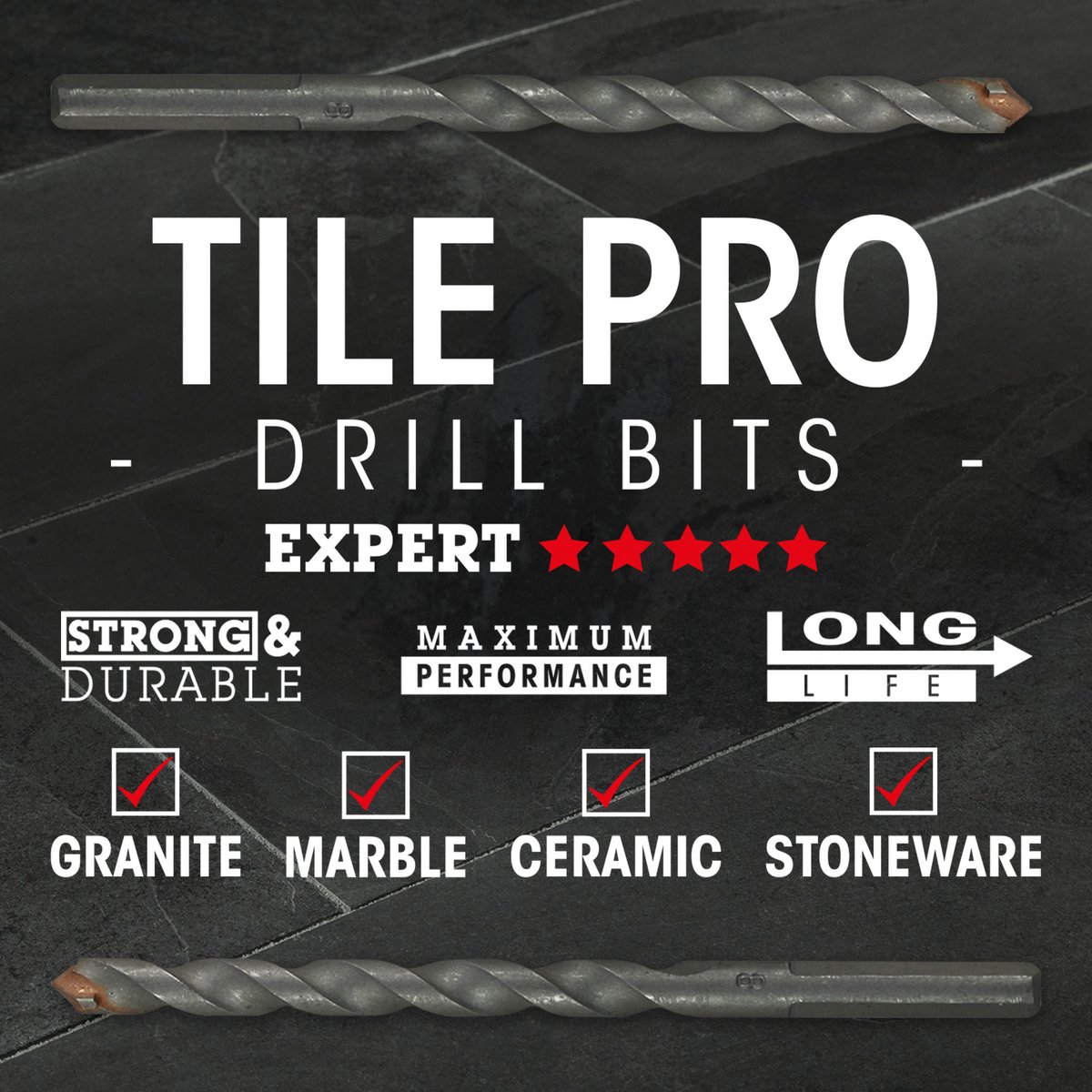 Abracs Tile Pro Drill Bits are built with a TSM carbide tipped head for precise drilling &amp; added strength. The asymmetric tip has been diamond ground enabling drilling in granite, ceramics, stoneware &amp; marble. For best results use at a constant pressure &amp; consistent &amp; slow speed.