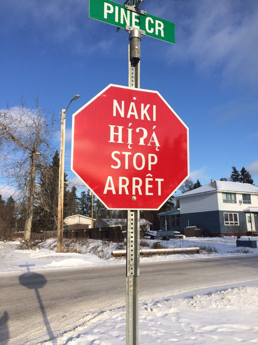 FortSmithNWT's tweet photo. How Do you say STOP in Cree, Chipewyan, English and French?
The Stop signs in #FortSmithNWT have you covered.
You can also say "Tanisi" to say "Hello" in the Cree language.
Cree Language Program: https://t.co/bDLK1bc5my
#indigenous #language #metis #spectacularNWT #explorecanada https://t.co/w0W0GyqrSC