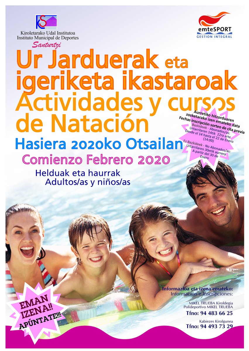 AguaImd's tweet photo. UR JARDUERAK ETA IGERIKETA IKASTAROAK
ACTIVIDADES Y CURSOS DE NATACIÓN
Hasiera 2020ko Otsailan
Comienzo Febrero 2020
Izena Eman! https://t.co/EcRpw94j0G