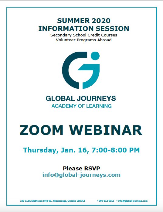 Global_Journeys's tweet photo. Join us this Thursday for another online info session! Learn about who we are, what we do, and where we can take you this summer. #myjourney #studyabroad #summerschool #highschool #creditcourses #OntEd #education https://t.co/Wno6XoReYk