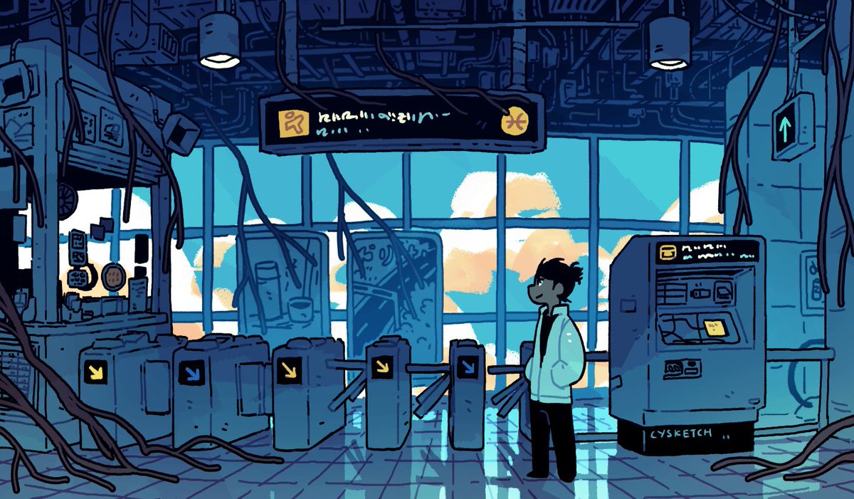 Character standing at a train station gate, information booth to the left, escalator to the right with a ticket machine in front. There be vines growing.