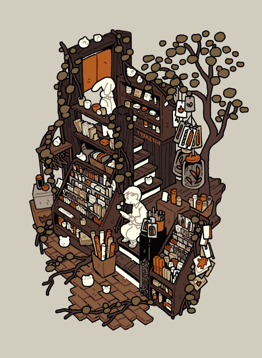 An isometric illustration of a bunny dude + person browsing a bookstore. Hamsters and foliage included.