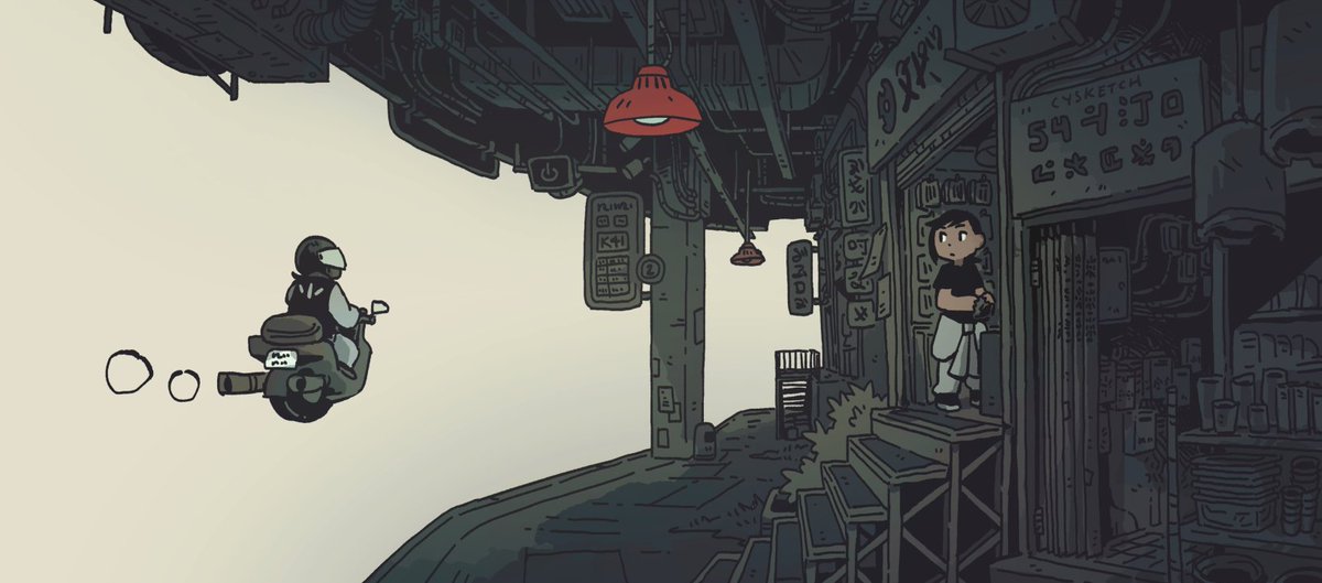 The edge of a city border overlooking nothingness. A sky motorbike rider passes on the left, exchanging a glance with the figure on the right.