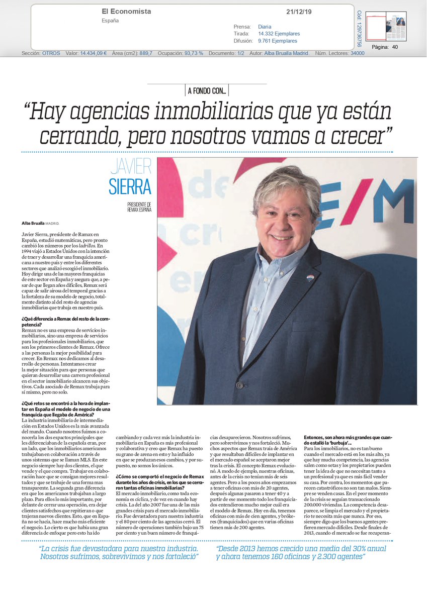 inmadridremax's tweet photo. 1/1“Hay agencias inmobiliarias que ya están cerrando, pero nosotros vamos a crecer". Así de claro lo ha dejado en su entrevista #JavierSierra, el presidente de @REMAXESPANA, sobre el freno de la #actividadinmobiliaria de los últimos meses.
#inmadridremax #remaxurbe #remaxespaña https://t.co/gTIqNSxoaH