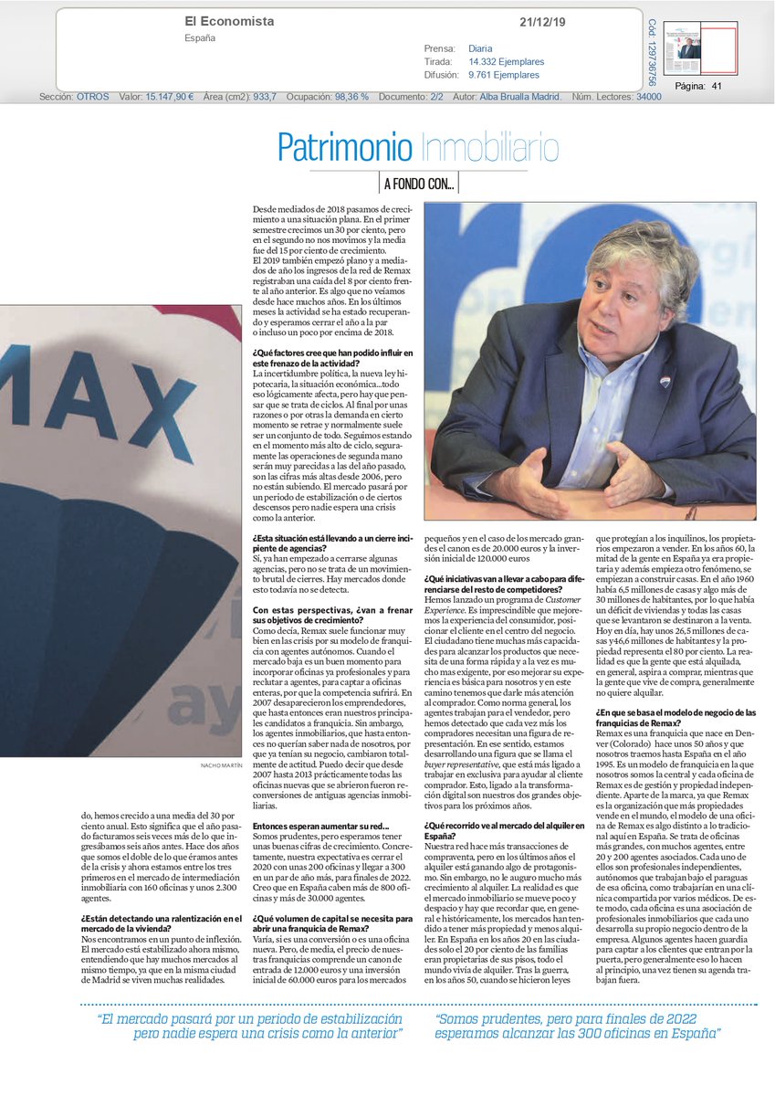 inmadridremax's tweet photo. 1/1“Hay agencias inmobiliarias que ya están cerrando, pero nosotros vamos a crecer". Así de claro lo ha dejado en su entrevista #JavierSierra, el presidente de @REMAXESPANA, sobre el freno de la #actividadinmobiliaria de los últimos meses.
#inmadridremax #remaxurbe #remaxespaña https://t.co/gTIqNSxoaH