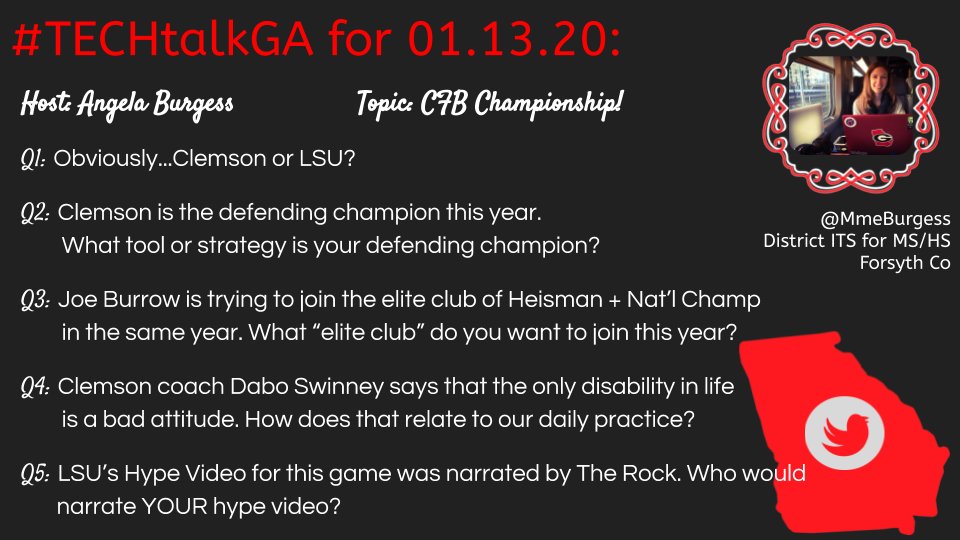 DrBurgessEdTech's tweet photo. #TECHtalkGA, get hype for tonight's CFB Championship-themed chat!
Join us at 9pm, put the game on while we chat!
#APSITInspires #TechTips411
#CBluffSLS
#ccboeintech
#ccpstech https://t.co/A0srNIuWcS