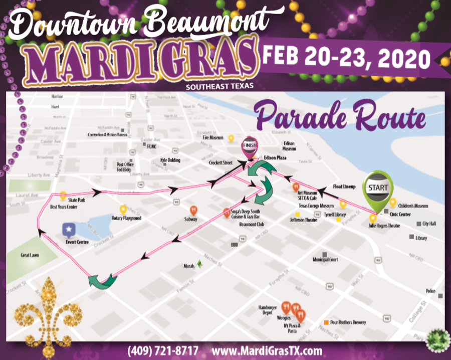 MardiGrasSETX's tweet photo. If you've been curious about where Mardi Gras Southeast Texas will parade in Beaumont next month, check it out. See you there for the Krewe of Krewes Parade on Friday, 2/21, Aurora Grand Parade on 2/22, Motor Parade on 2/23, and MORE! #MGSET @VisitBeaumontTX  @DiscoverBmt https://t.co/lKjWlK81Cr