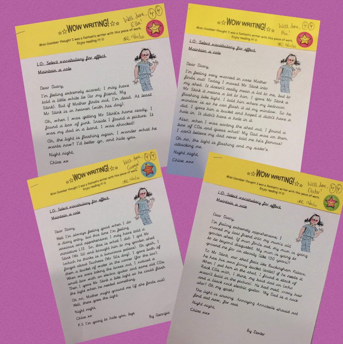 TickfordPark's tweet photo. A lovely way to begin the week: celebrating our Wow Writers! ✏️✨ Super diary entries written as Chloe, from Mr Stink by David Walliams. We absolutely love this story so far. Well done writers! #TP4jet #TP4writing #TP4year3 @davidwalliams ✨✏️👏🏼 https://t.co/kLoITvVDvl