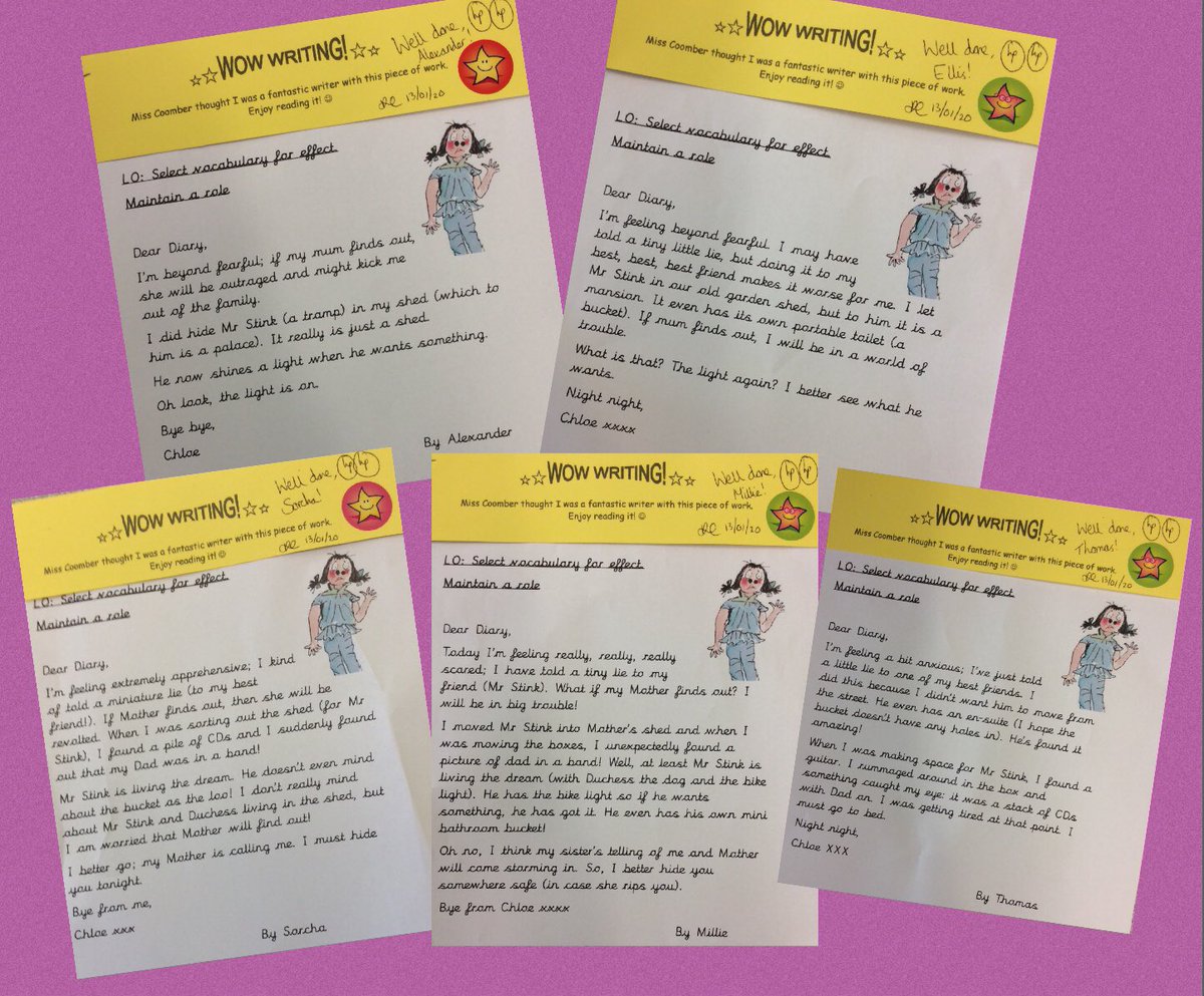 TickfordPark's tweet photo. A lovely way to begin the week: celebrating our Wow Writers! ✏️✨ Super diary entries written as Chloe, from Mr Stink by David Walliams. We absolutely love this story so far. Well done writers! #TP4jet #TP4writing #TP4year3 @davidwalliams ✨✏️👏🏼 https://t.co/kLoITvVDvl