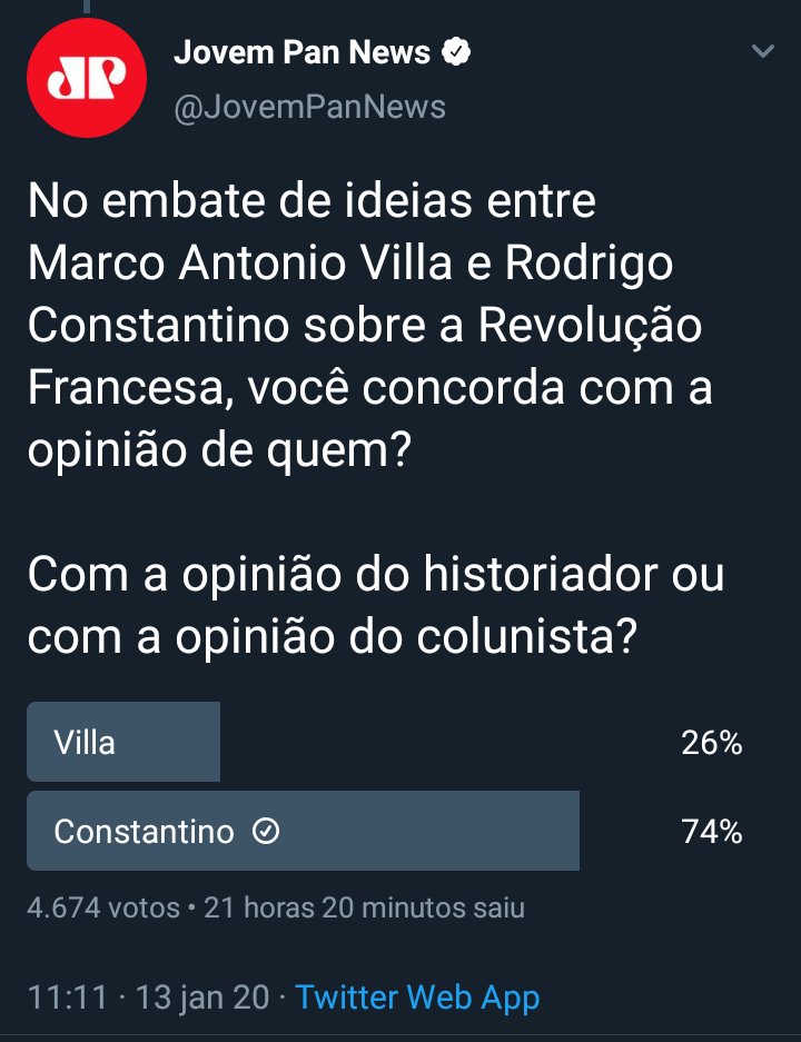 Durante o Jornal da Manhã, Villa perdeu a linha(novidade!) e atacou o Constantino de maneira rasteira. Tudo isso ao vivo! 

Qual atitude a Jovem Pan toma após o acontecido? Cria enquete brincando com a situação!