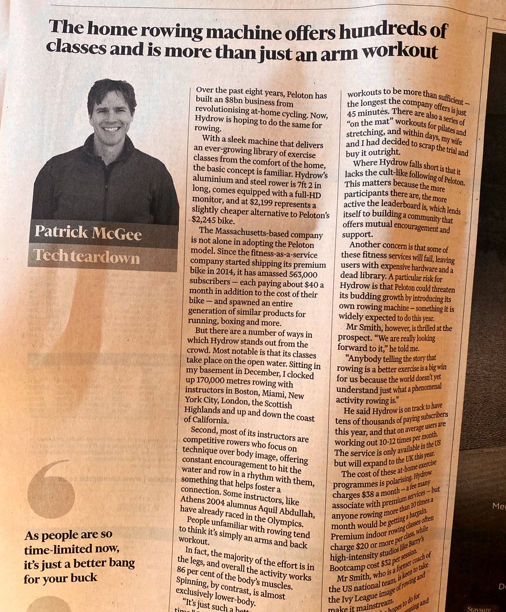 Page 9 of today’s @ft - If you’re in the market for a Peloton, try <a href="/Hydrow_by_CREW/">Hydrow</a> instead. 

How Hydrow hopes to become the Peloton of rowing on.ft.com/2FNQA69