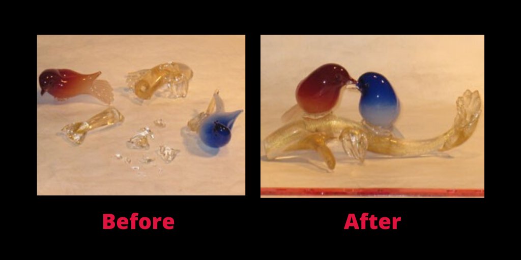 BokroshStudio's tweet photo. How sad it was when these #Murano lovebirds had a tragic accident. Luckily, with the help of our expert #glassartisans at @BokroshStudio, these lovebirds were restored and brought back together! #glassrestoration #glassrepair https://t.co/tHjzT12TG1