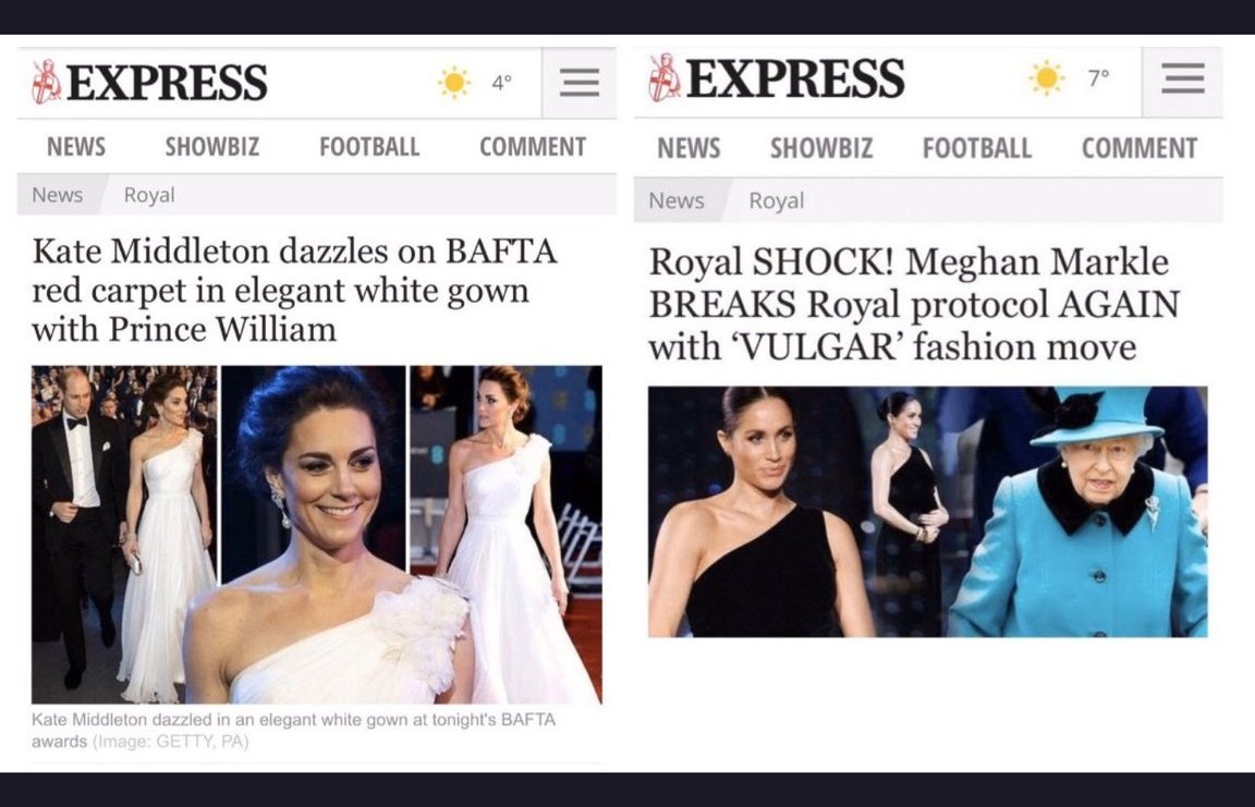 Exhibit 6:  #DressGateBoth women: young, beautiful, glamourous, wear identical one-shoulder dresses. Both look stunning. One (Kate) is described as "stunning". The other (Meghan) has caused "shock" with her "vulgar" dress.